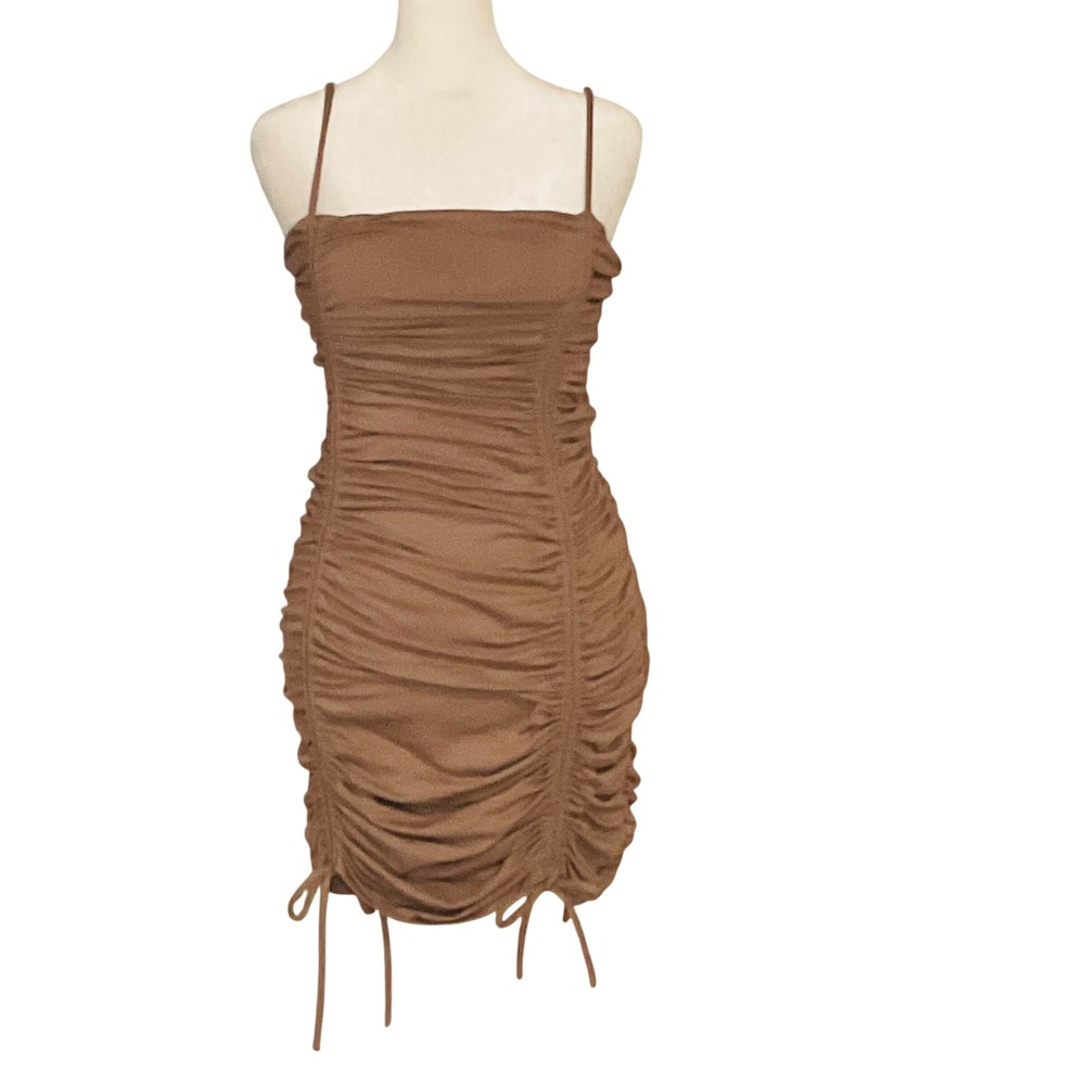 Susana Monaco ruched Mini slip dress brown taupe size M bodycon strap drawstring